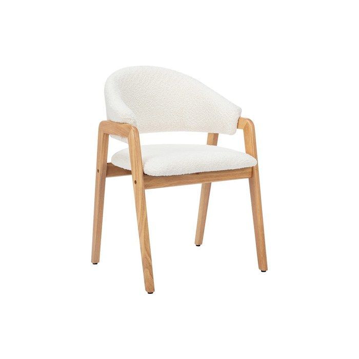 Conjunto de 6 sillas con reposabrazos en tejido bouclé y madera de caucho - Blanco y natural - SOLUNA
