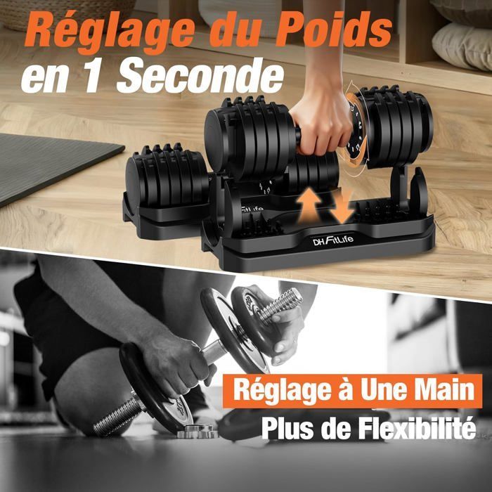 DH FitLife Haltères réglables 12kg, 2,5-12kg, 10 niveaux de poids, set avec disques, 10 en 1