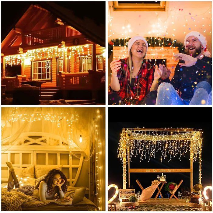 Rideau Lumineux Solaire Noel Extérieur, 10m 300 LEDs Guirlande Lumineuse Rideaux avec télécommande 8 Modes Étanche ,Blanc Chaud
