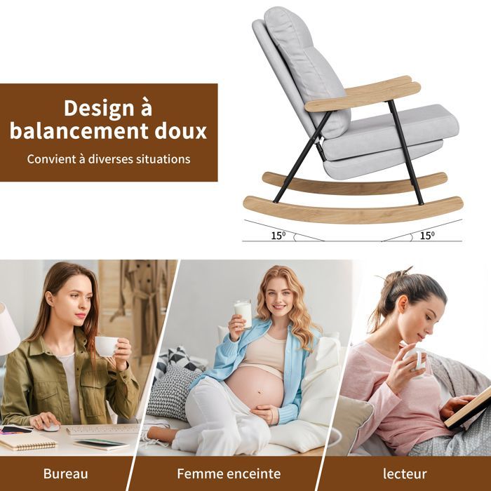 Fauteuil à Bascule Scandinave,Chaise Allaitement Ergonomique en Lin,Structure Bois Massif et Métal,Fauteuil de Relaxation pour Salon