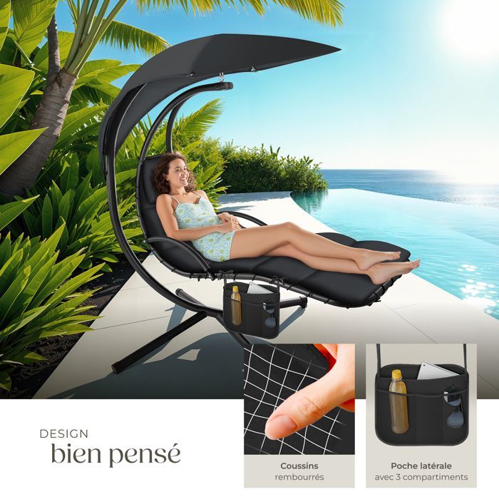 Silla colgante - TECTAKE - Asiento ELARIA con protección UV y bolsillo lateral resistente - Negro