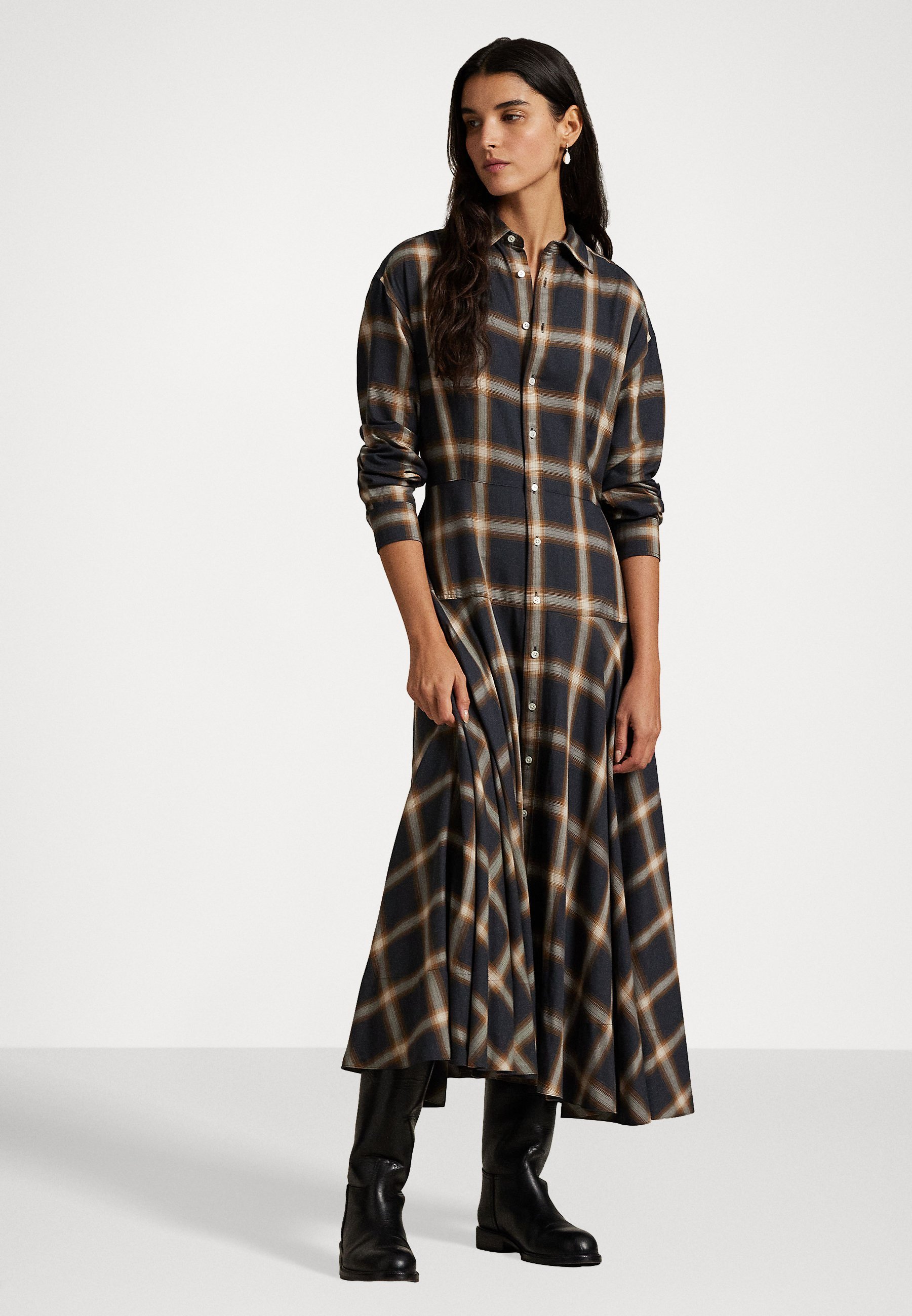 Polo Ralph Lauren PLAID TWILL PANELED SHIRTDRESS - Košeľové šaty - navy/hnedé