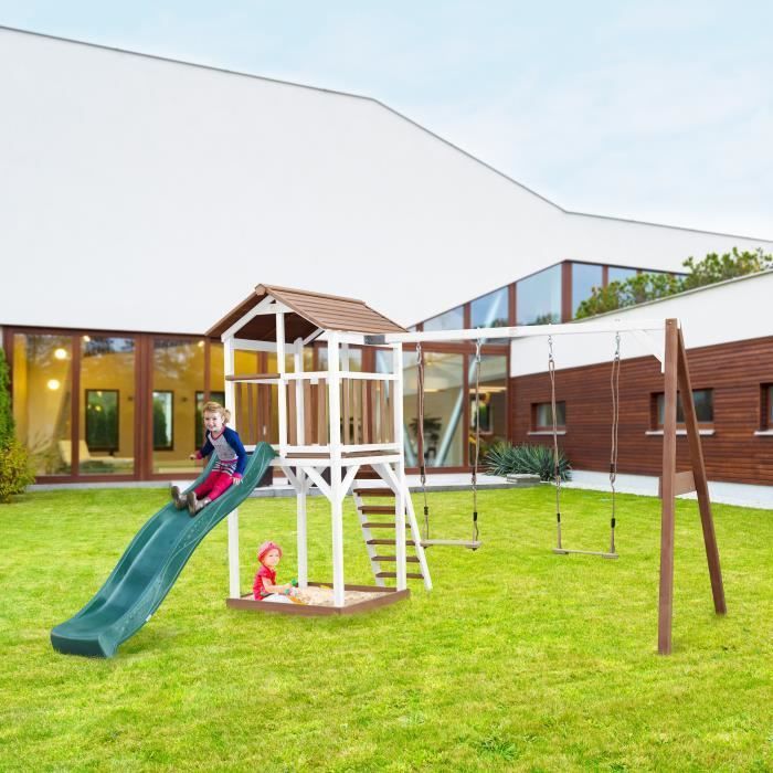 Área de juegos AXI Beach Tower con tobogán en color verde, 2 columpios y arenero | Casita de juegos exterior grande en color marrón y blanco