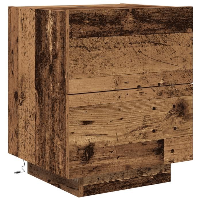 Mesa de cabeceira - Madeira antiga - 2 gavetas - LEDs integrados - 45x40x55 cm