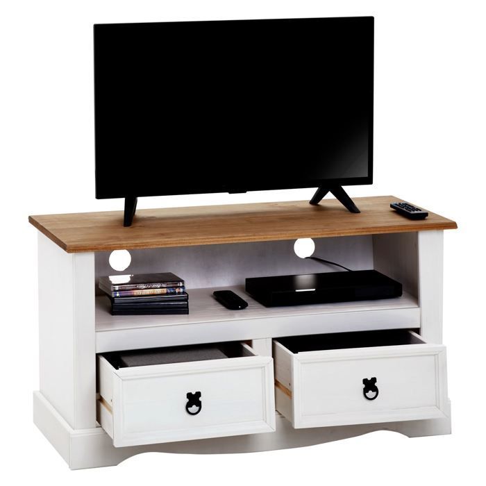 Mueble para TV CAMPO, banco para TV de pino macizo blanco y marrón con 2 cajones y 1 estante, mueble de almacenamiento de madera estilo mexicano.