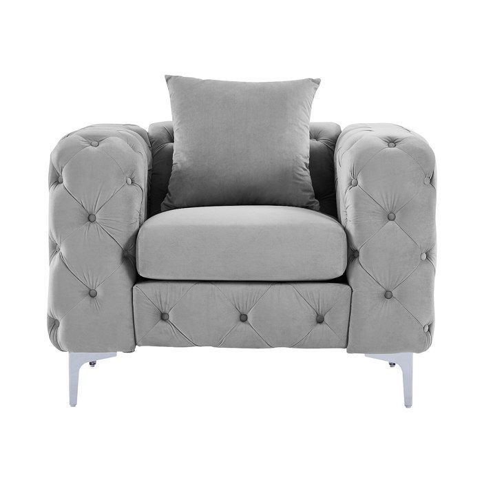 Sofá de 3 plazas y sillón EDWINA en terciopelo gris claro.
