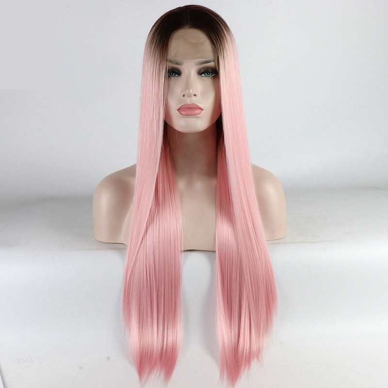 Parrucche con frontale in pizzo lisce e setose per donna, colore rosa chiaro, in fibra sintetica, con attaccatura naturale, ideali per cosplay.