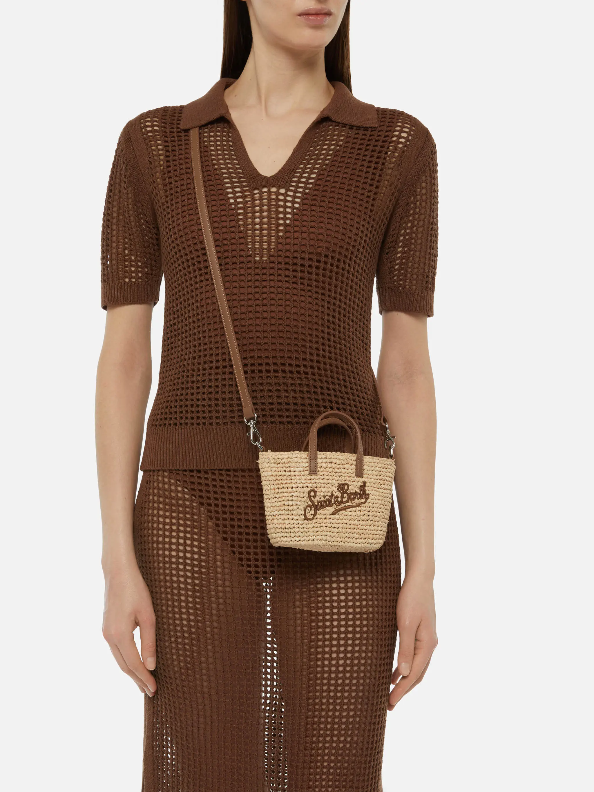 Beige Raffia City Micro Tasche mit Ledergriffen