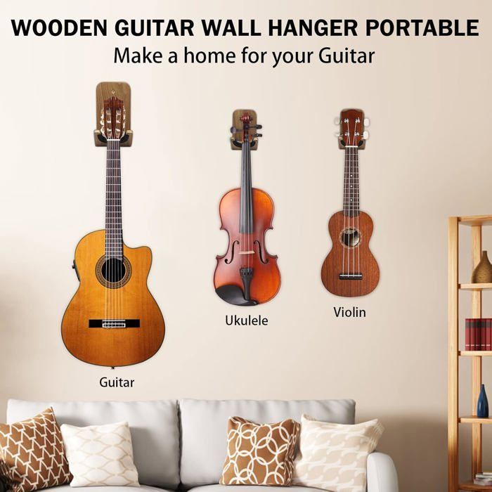 Soporte de pared para guitarra, de madera, con tornillos y adhesivo, para ukelele, bajo, guitarra acústica y eléctrica.