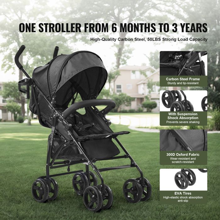 Lightweight Baby Stroller - VEVOR - Compact Toddler Stroller with Multi-Position Reclining Backrest - Black