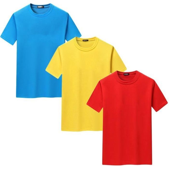 Pack de 3 camisetas de manga corta para hombre, de algodón, con cuello redondo y estampado, de la marca FUNMOON - Rojo-Amarillo-Azul