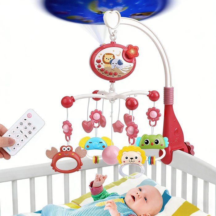 Móbile musical para berço de bebê - Luzes, música e projetor com controle remoto - Presente ideal para recém-nascidos, rosa