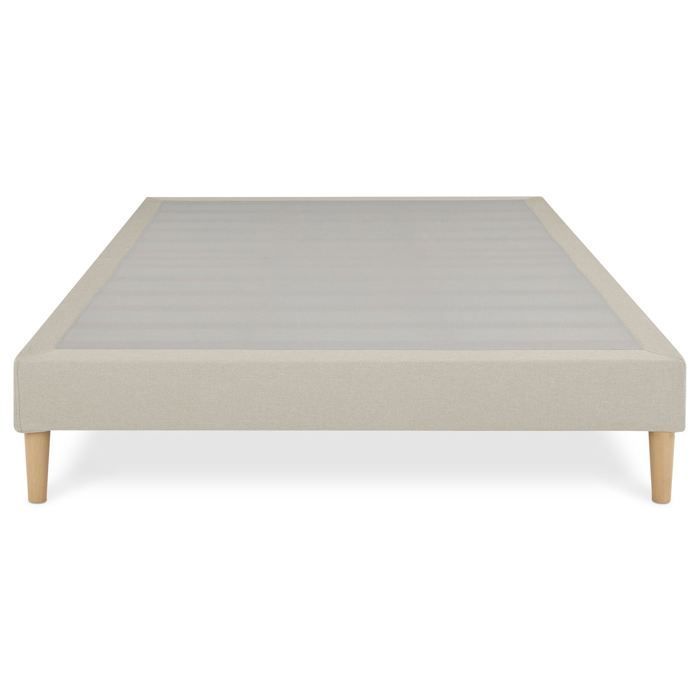 Base de cama tapizada VANNES de 120 x 190 cm, estructura de madera y revestimiento de tela beige, estructura de cama con patas y somier de láminas.