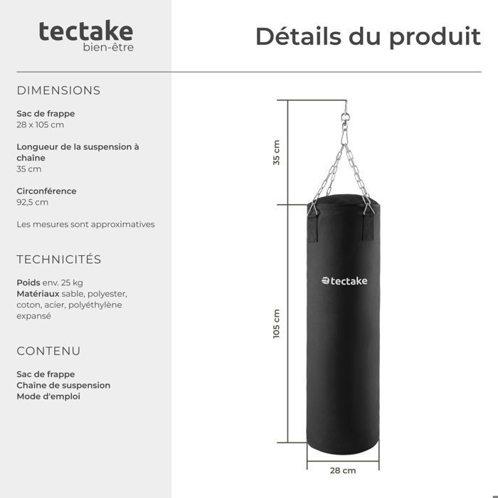 SACO DE BOXEO - TECTAKE - Saco de boxeo de 105 cm - 25 kg - Negro