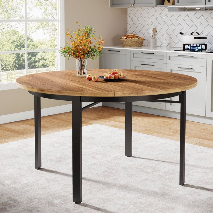 Round Dining Table, Little Tree, 118.5×118.5×76 cm, Kitchen Table with Solid Metal Legs for 4 to 6 People, Brown