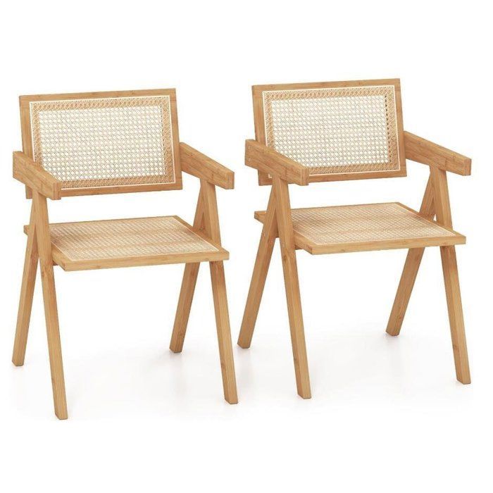 RELAX4LIFE Set of 2 Dining Chairs with Armrests, Bamboo Lounge Chair with Rattan Backrest, Natural