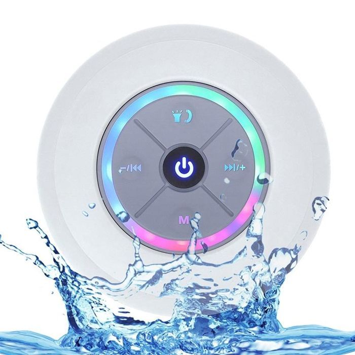 YONIS Mini Waterproof Bluetooth Speaker with LED Light, FM Radio, Subwoofer, TF Card Slot, and Suction Cup - White