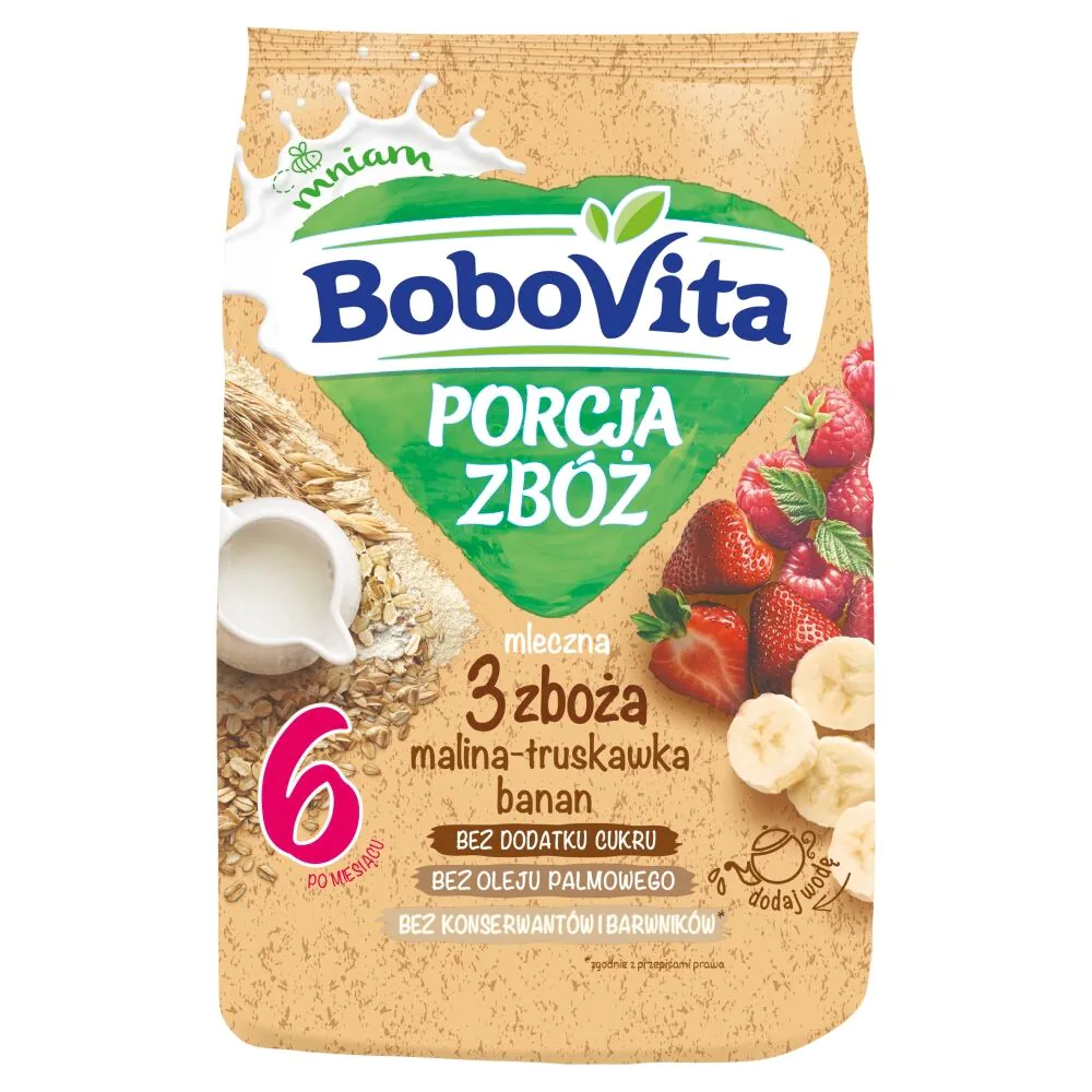 Bobovita Kaszka Porcja Zbóż Mleczna 3 Zboża, Malina, Truskawka, Banan