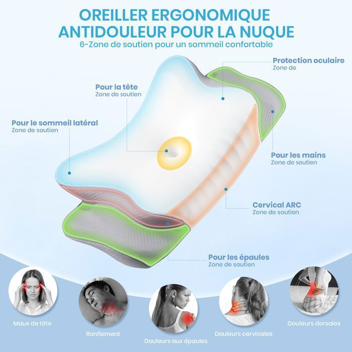Almohada cervical ergonómica, almohada de cuello de espuma viscoelástica con funda de seda helada, 62 x 37,3 x 14,4/9 cm, gris y blanco.