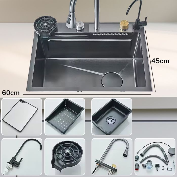 Fregadero de cocina multifuncional tipo cascada con grifo, dispensador de jabón, purificador de agua y lavavasos - 60 x 45 cm