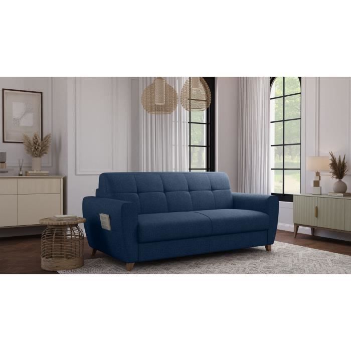 Sofá-cama conversível SKY de 3 lugares - Tecido azul - Colchão de 14 cm - 192 x 100 x 88 cm