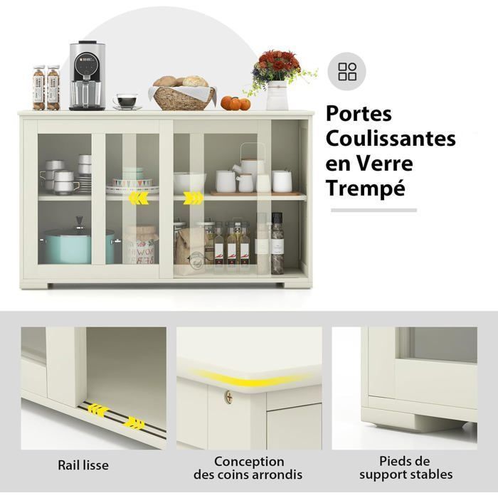 COSTWAY Kitchen Buffet, Kitchen Storage Cabinet, Sideboard with Sliding Tempered Glass Door in Beige Wood