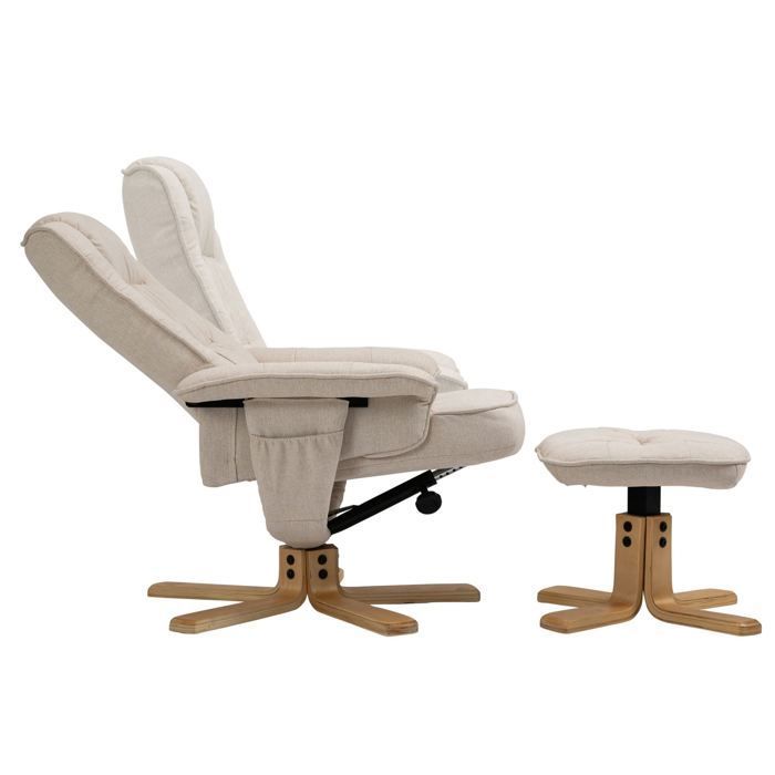 Sillón reclinable CHARLY con reposapiés, otomana, asiento giratorio, respaldo reclinable y asiento acolchado, en tejido beige.