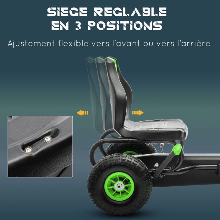 Kart à pédales - HOMCOM - go-kart véhicule enfant siège réglable 3 positions frein à main pneus antidérapant - métal PP - vert noir