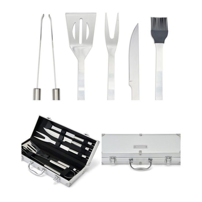 Set barbecue 5 accessoires - LIVOO - Mallette métal - Inox - Pinceau silicone - Poignée de transport
