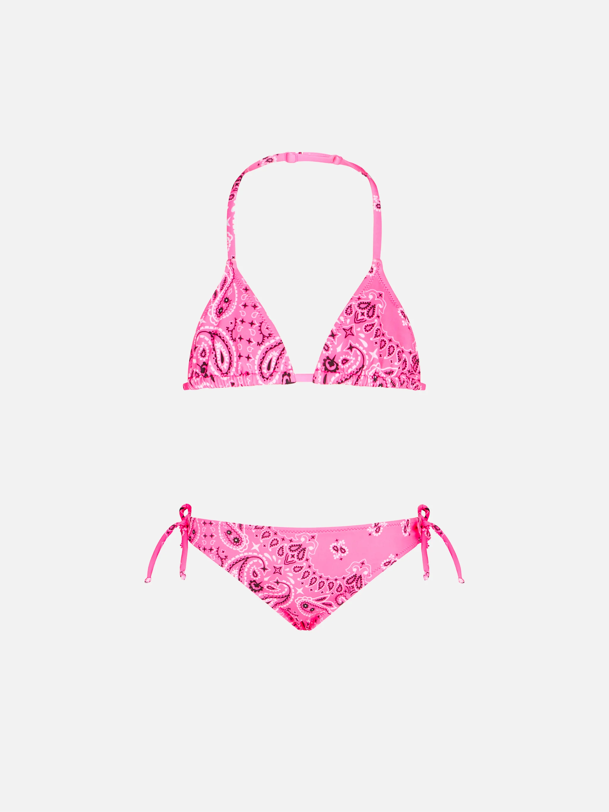 Triangelbikini voor meisjes met neonroze bandana-print.