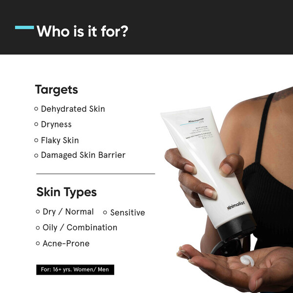 Minimalistische bodylotion met 5% niacinamide, herstelt de huidbarrière.
