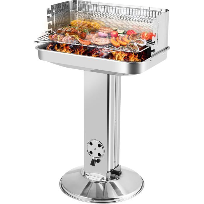 Houtskoolbarbecue met houten kolom, campingbarbecue, met in hoogte verstelbaar grillrooster