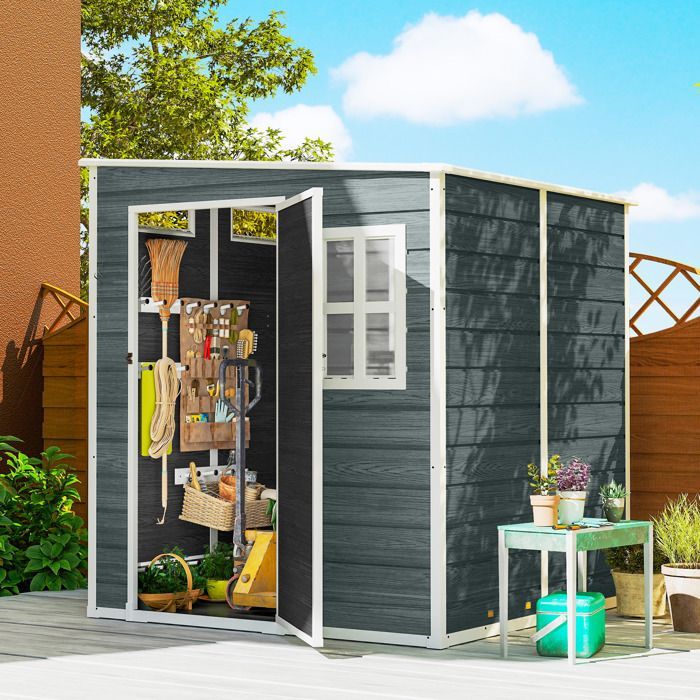 Abri de jardin - cabanon de stockage - Outsunny - plancher structure aluminium 3 fenêtres - résine - 182x182x183cm - gris effet bois