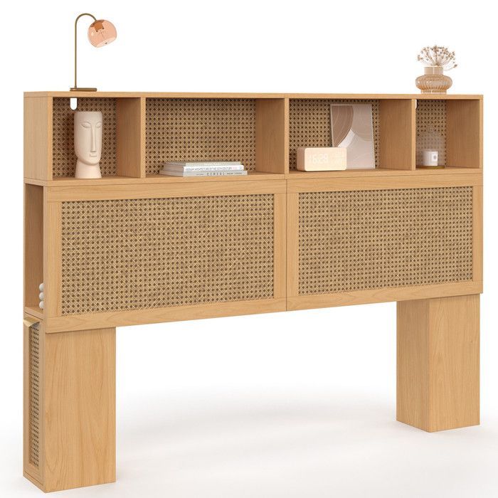 Cabecero IDMARKET EDHEN de 145 cm con almacenamiento cerrado y nichos de caña y madera.