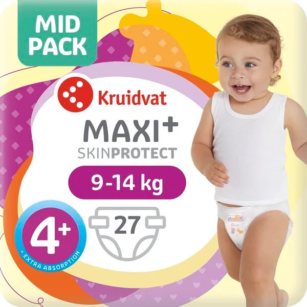 Kruidvat 4+ Maxi Plus autiņbiksītes vidējā iepakojumā<br>izmērs 4+ (9-15 kg), 27 gab.