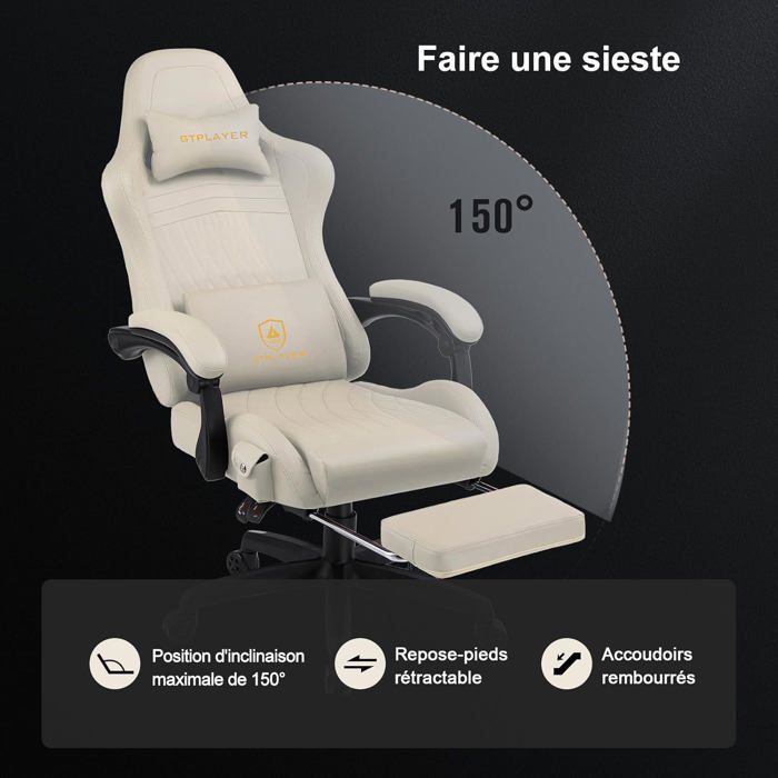 Silla gaming, silla de oficina con reposapiés, altavoz Bluetooth y reposabrazos sincronizados (blanca)