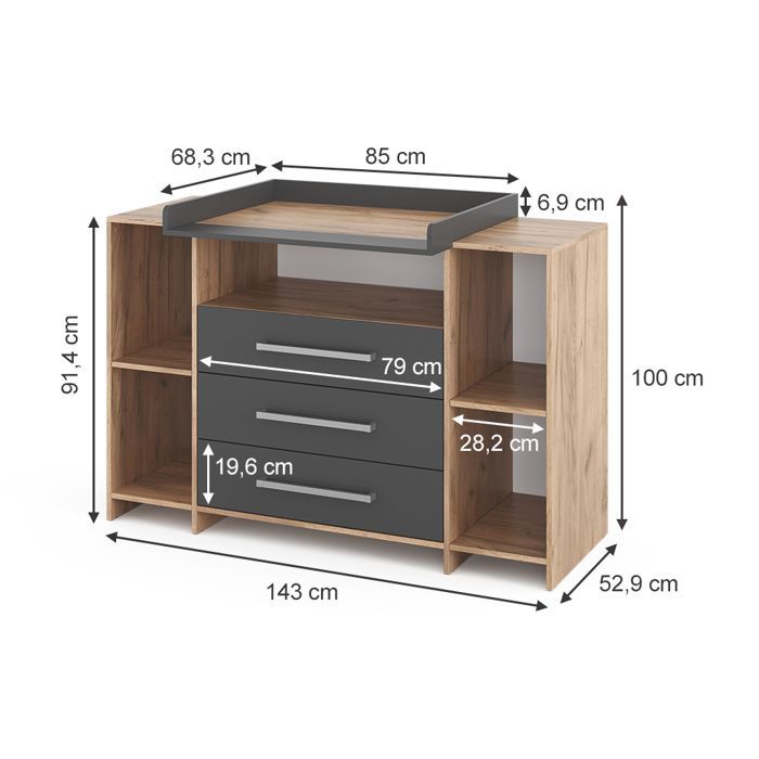Oskar XL Changing Table 143x100cm with Drawers Anthracite/Sonoma Sonoma Vicco 40348