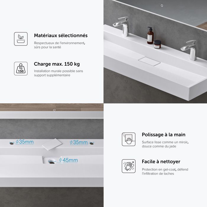 Lavabo suspendido con desagüe, lavabo de encimera, blanco mate, 120x46x11cm, lavabo con 2 orificios para grifería, rectangular, Colossum19