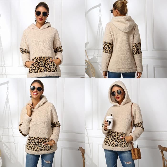 Sweat femme - LEOCLOTHO - Pieu double face Imprimé léopard - Col capuche - Manches longues - Kaki