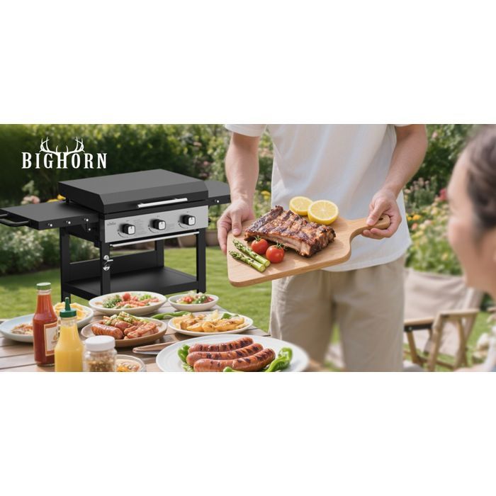 BIGHORN Plancha gaz de 3 brûleurs avec chariot et couvercle;7.2kw