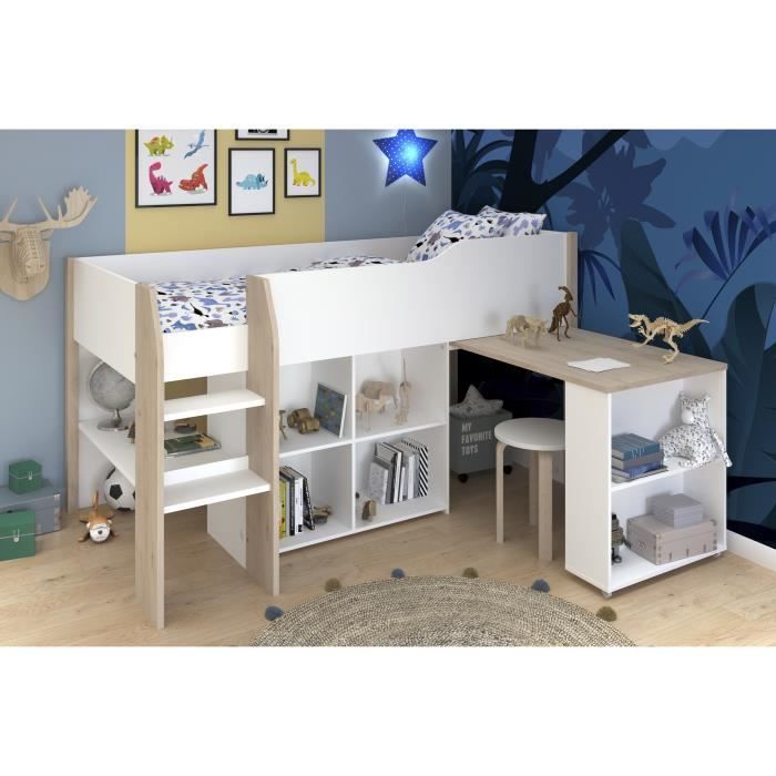 Cama infantil combinada con escritorio retráctil - PARISOT - LIAM - Blanco y roble - Base de láminas incluida - 90x200 cm
