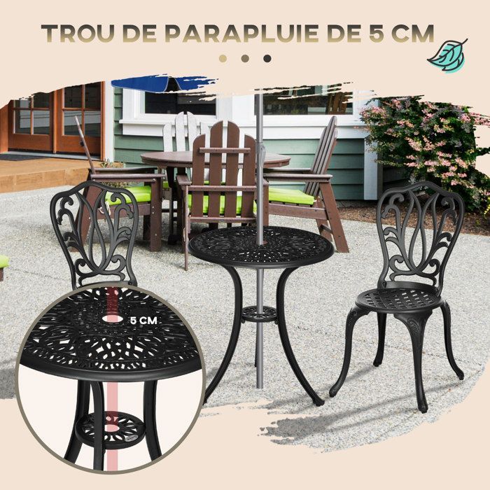 Conjunto de muebles de jardín para exteriores: mesa redonda y sillas - Outsunny - estructura de aluminio con orificio para sombrilla - muebles de aluminio - negro