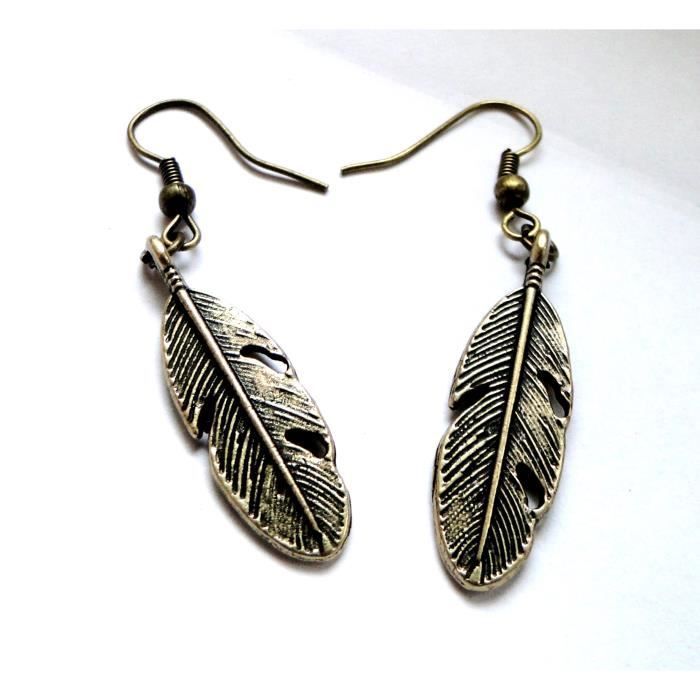 Paire de boucle d’oreilles avec plume en bronze.