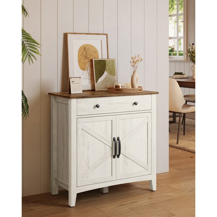 VASAGLE Credenza, mobile contenitore con cassetto, ante, ripiano regolabile, 40 x 80 x 80 cm, bianco rustico e marrone miele