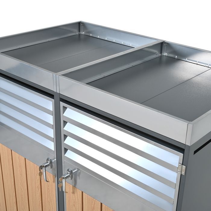 Cobertizo para contenedores HOMVRA, tapa de 2 compartimentos con jardinera integrada y puertas ventiladas, acero, gris.