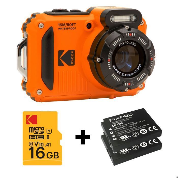 KODAK Pixpro WPZ2 Pack + 2 Batteries + 1 SD Card - Compact 16MP, Waterproof to 15m, Shockproof, 720p Video, LCD Screen - Orange