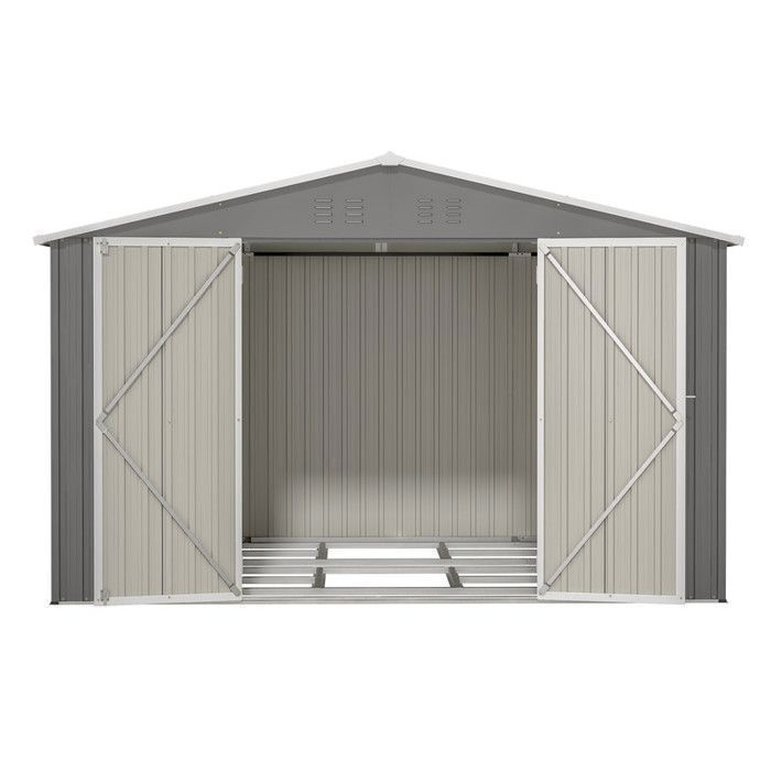 Caseta de jardín metálica Thanaddo de 14,4 m³, 300 x 252 x 191 cm, kit de anclaje incluido, 2 puertas con bisagras - Gris