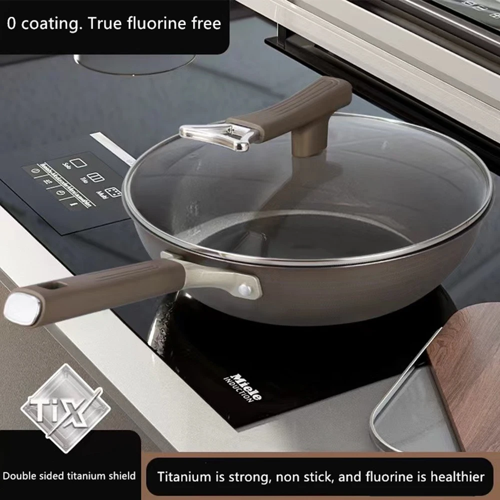 Wok en acier inoxydable titane, poêle antiadhésive sans revêtement, compatible avec les plaques à induction et à gaz.