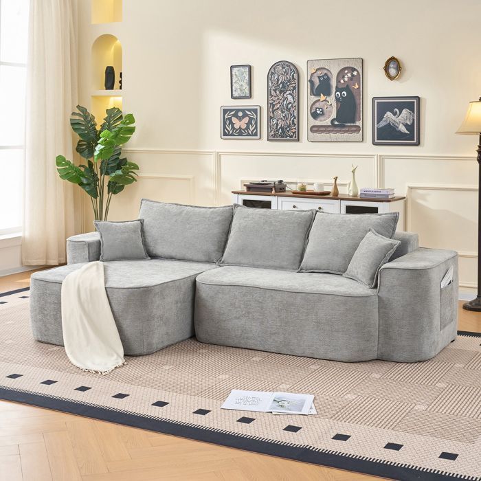 L-förmiges Ecksofa „Cloud“, 264 cm lang mit Chaiselongue, extra tiefer Sitzfläche, wird montiert geliefert, modernes Modulsofa aus grauem Chenille