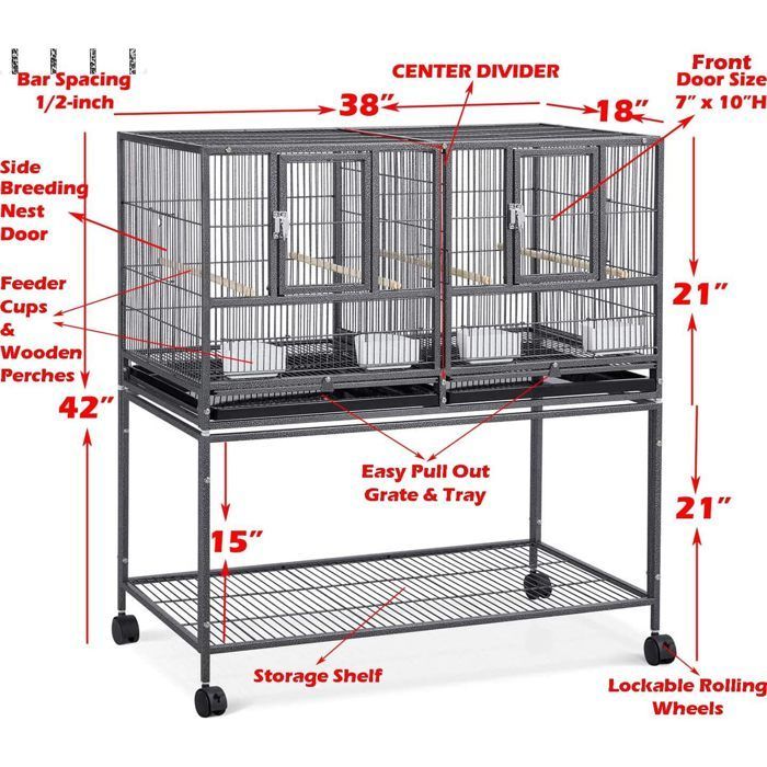 HELLO - Large bird cage - with stand and wheels - for cockatoos, budgies, canaries, parrots - steel - 109*95*45.5CM - Black
